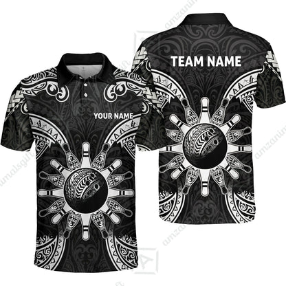 Custom Bowling Jersey Polo Shirt, Symmetric Polynesian Tribal Art Bowling, Custom Bowling Jersey Team Shirt For Players With Name and Team Name