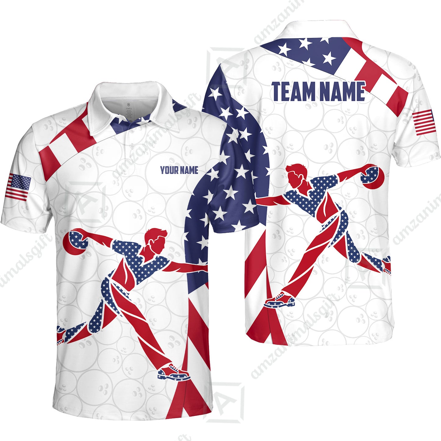 Custom Bowling Jersey Polo Shirt, Patriotic Bowler Silhouette Stars and Stripes, Custom Bowling Jersey Team Shirt For Players With Name and Team Name