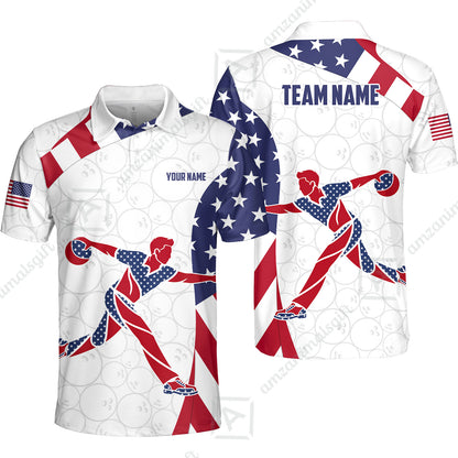 Custom Bowling Jersey Polo Shirt, Patriotic Bowler Silhouette Stars and Stripes, Custom Bowling Jersey Team Shirt For Players With Name and Team Name