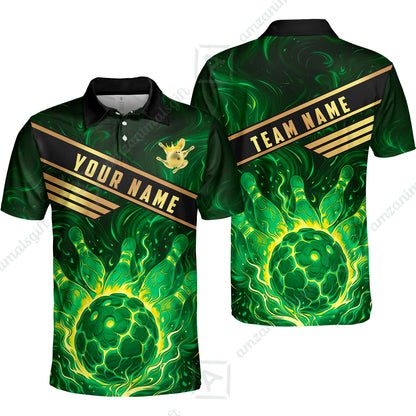 Custom Bowling Polo Shirt, Glowing Bowling Ball and Pins Custom Bowling Polo Team Shirt For Players With Name & Team Name