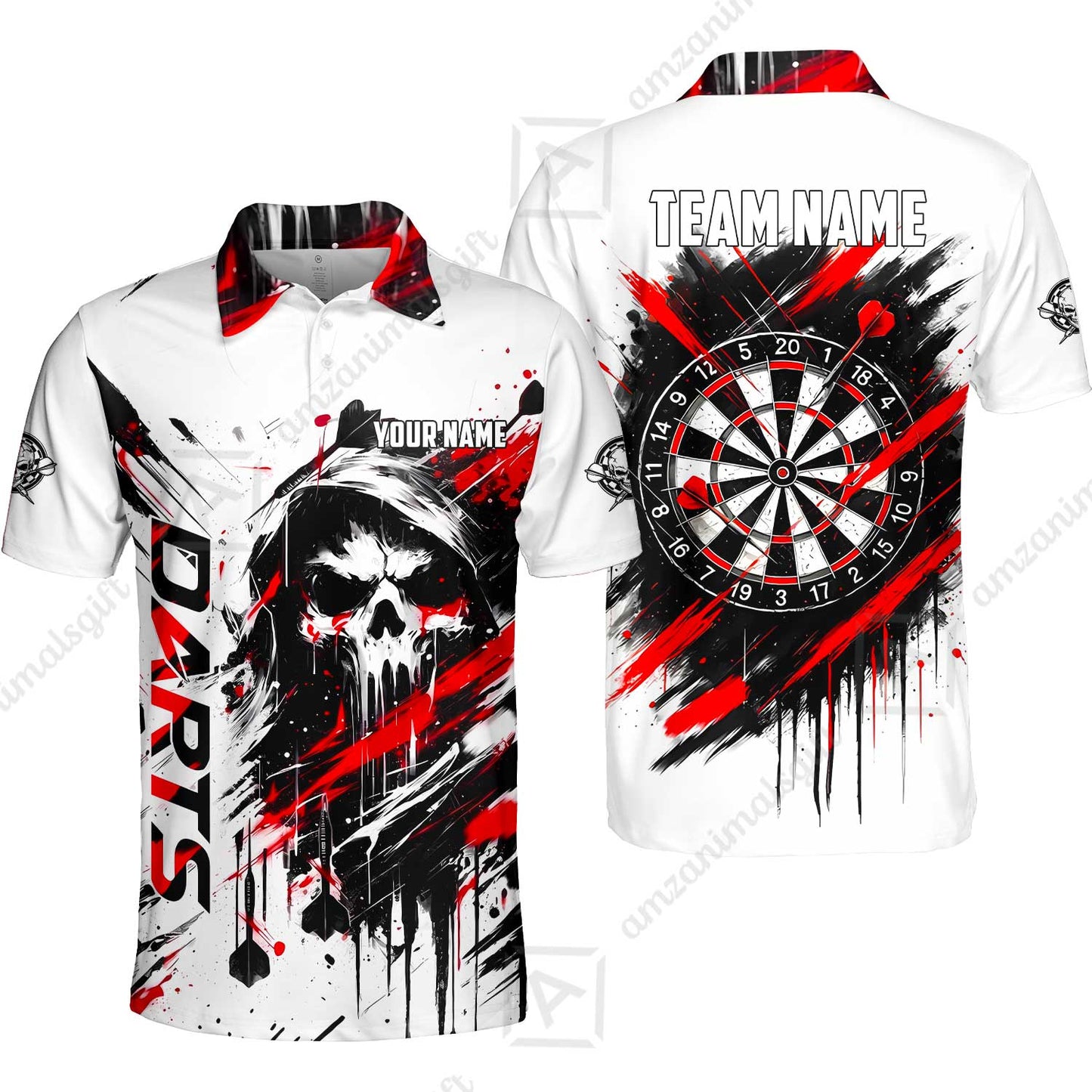 Custom Darts Jersey Polo Shirt, Grim Reaper Sketch Splatter, Custom Dart Jersey Team Shirt For Players With Name & Team Name
