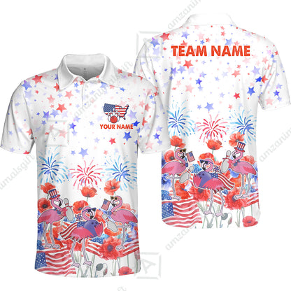 Custom Bowling Jersey Polo Shirt, 4th of July Flamingo Bowling, Custom Bowling Jersey Team Shirt For Players With Name & Team Name