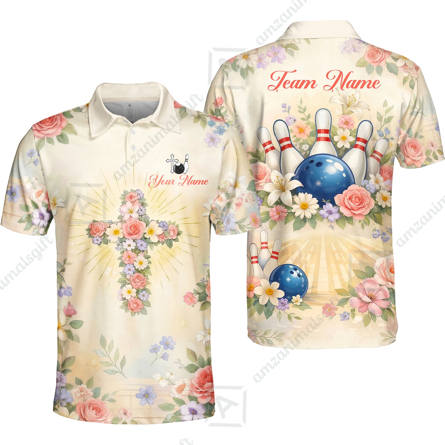 Custom Bowling Jersey Polo Shirt,  Flower Christian Bowling, Custom Bowling Jersey Team Shirt For Players With Name & Team Name