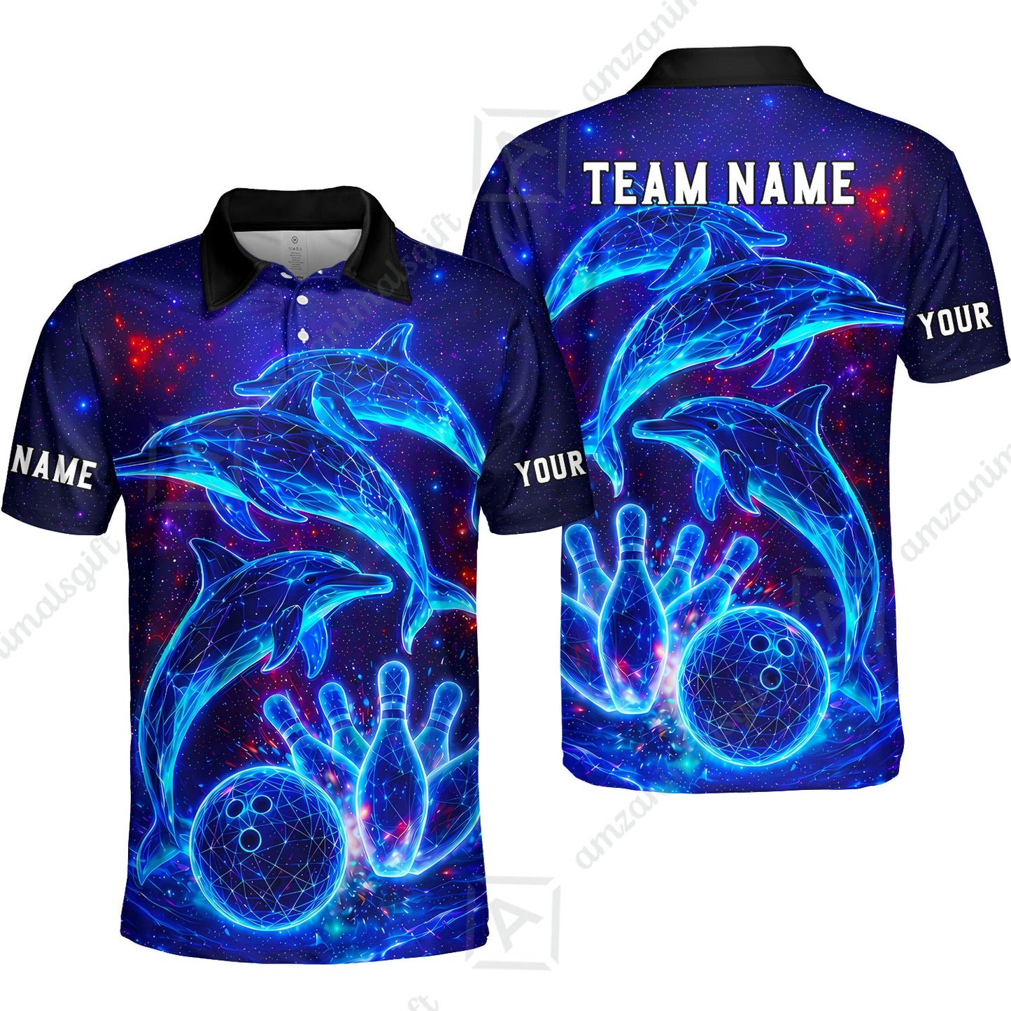 Customized Bowling Shirt, Cosmic Dolphin, Personalized Polo Shirt For Players With Name & Team Name
