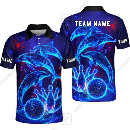 Customized Bowling Shirt, Cosmic Dolphin, Personalized Polo Shirt For Players With Name & Team Name