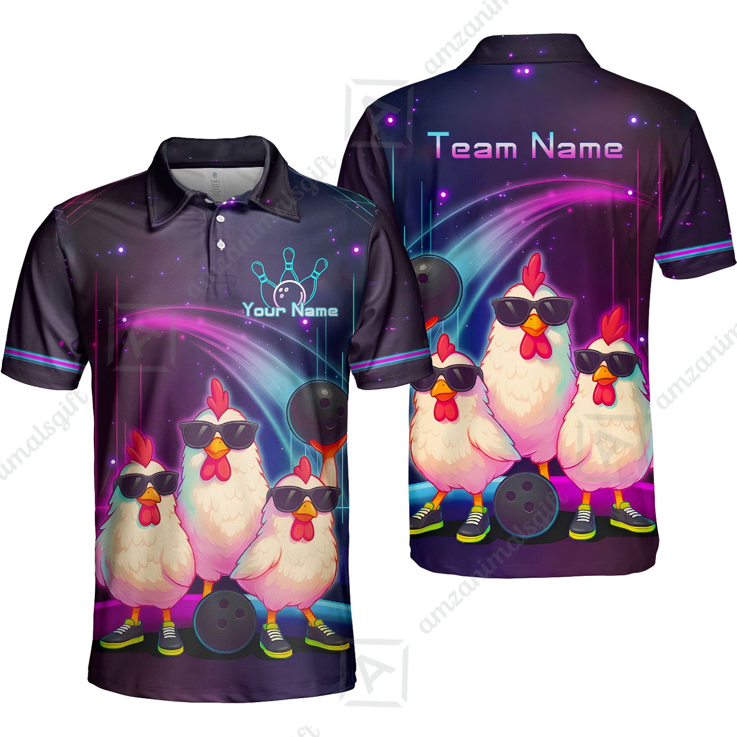 Custom Bowling Jersey Polo Shirt, Sunglasses Chicken Bowling, Custom Bowling Jersey Team Shirt For Players With Name & Team Name