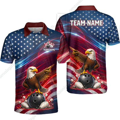 Custom Bowling Jersey Polo Shirt, Eagle Bowling Flag America Thunder Wave, Custom Bowling Jersey Team Shirt For Players With Name and Team Name