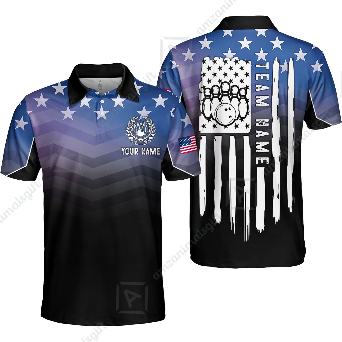 Custom Bowling Jersey Polo Shirt, Vertical Distressed Flag Chevron Gradient, Custom Bowling Jersey Team Shirt For Players With Name and Team Name