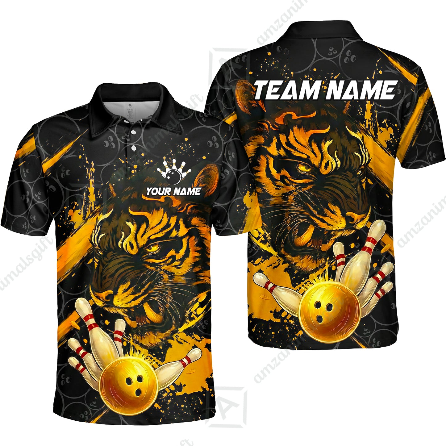 Customized Bowling Unisex Polo Shirt, Tiger Ball Striking Pins, Bowling Uniforms, Personalized Name And Team Name