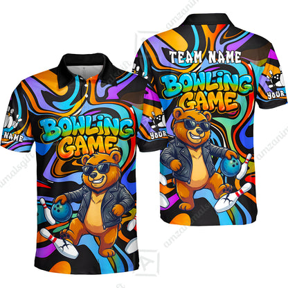 Custom Bowling Jersey Polo Shirt, Trippy Swirl Rocker Bear Graffiti Style, Custom Bowling Jersey Team Shirt For Players With Name & Team Name