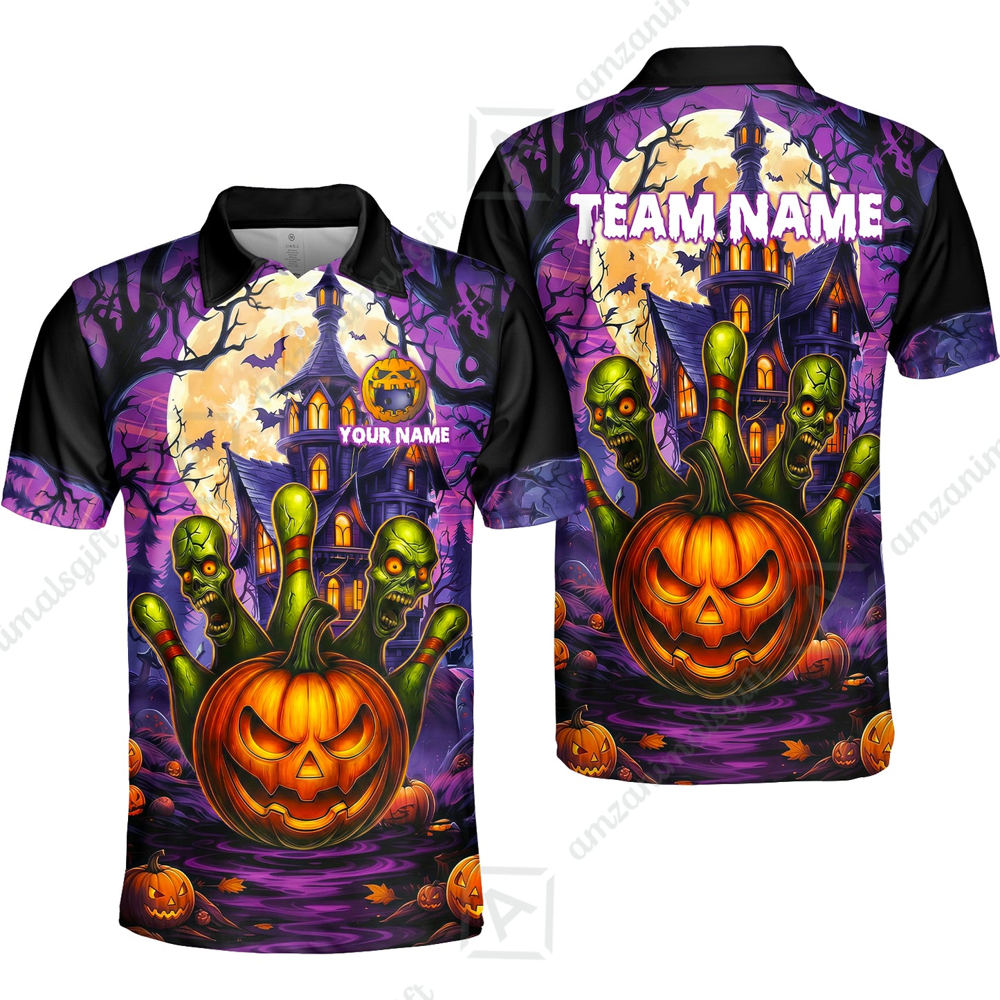 Custom Halloween Bowling Short Sleeve Men Polo Shirt, Halloween Pumpkin Zombie Pins Personalized Shirt with Name and Team Name, Custom Bowling Team Uniforms Jerseys