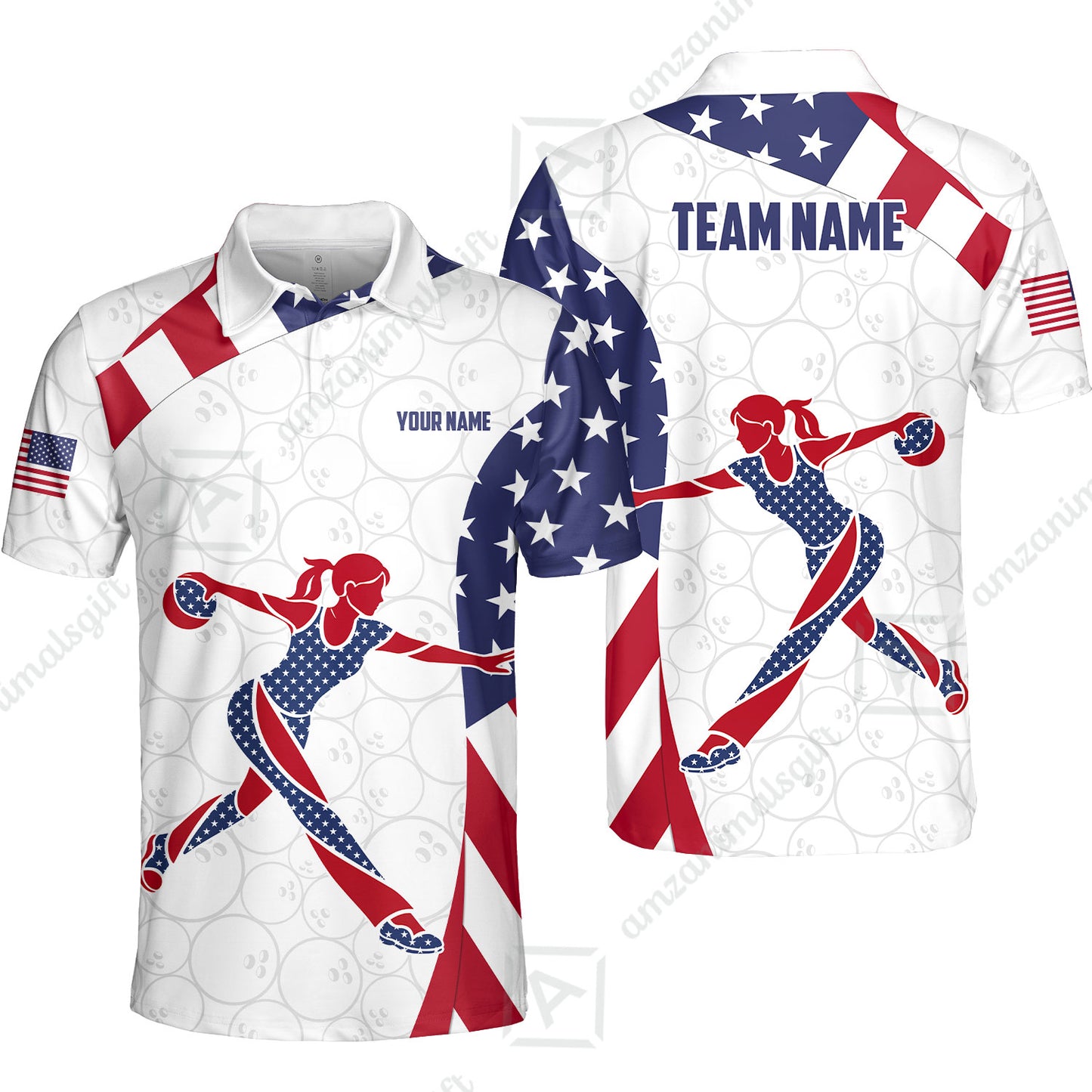 Custom Bowling Jersey Polo Shirt, Patriotic Bowler Silhouette Stars and Stripes, Custom Bowling Jersey Team Shirt For Players With Name and Team Name