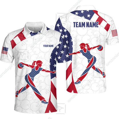 Custom Bowling Jersey Polo Shirt, Patriotic Bowler Silhouette Stars and Stripes, Custom Bowling Jersey Team Shirt For Players With Name and Team Name