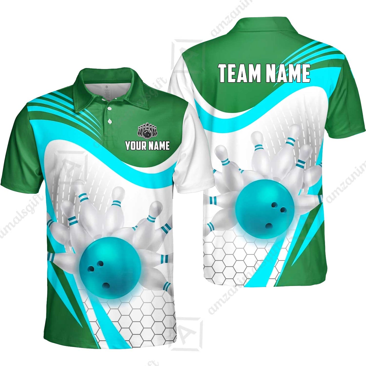 Custom Bowling Jersey Polo Shirt, Geometric Streamline & Fresh Mint, Custom Bowling Jersey Team Shirt For Players With Name & Team Name