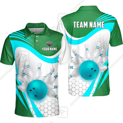 Custom Bowling Jersey Polo Shirt, Geometric Streamline & Fresh Mint, Custom Bowling Jersey Team Shirt For Players With Name & Team Name