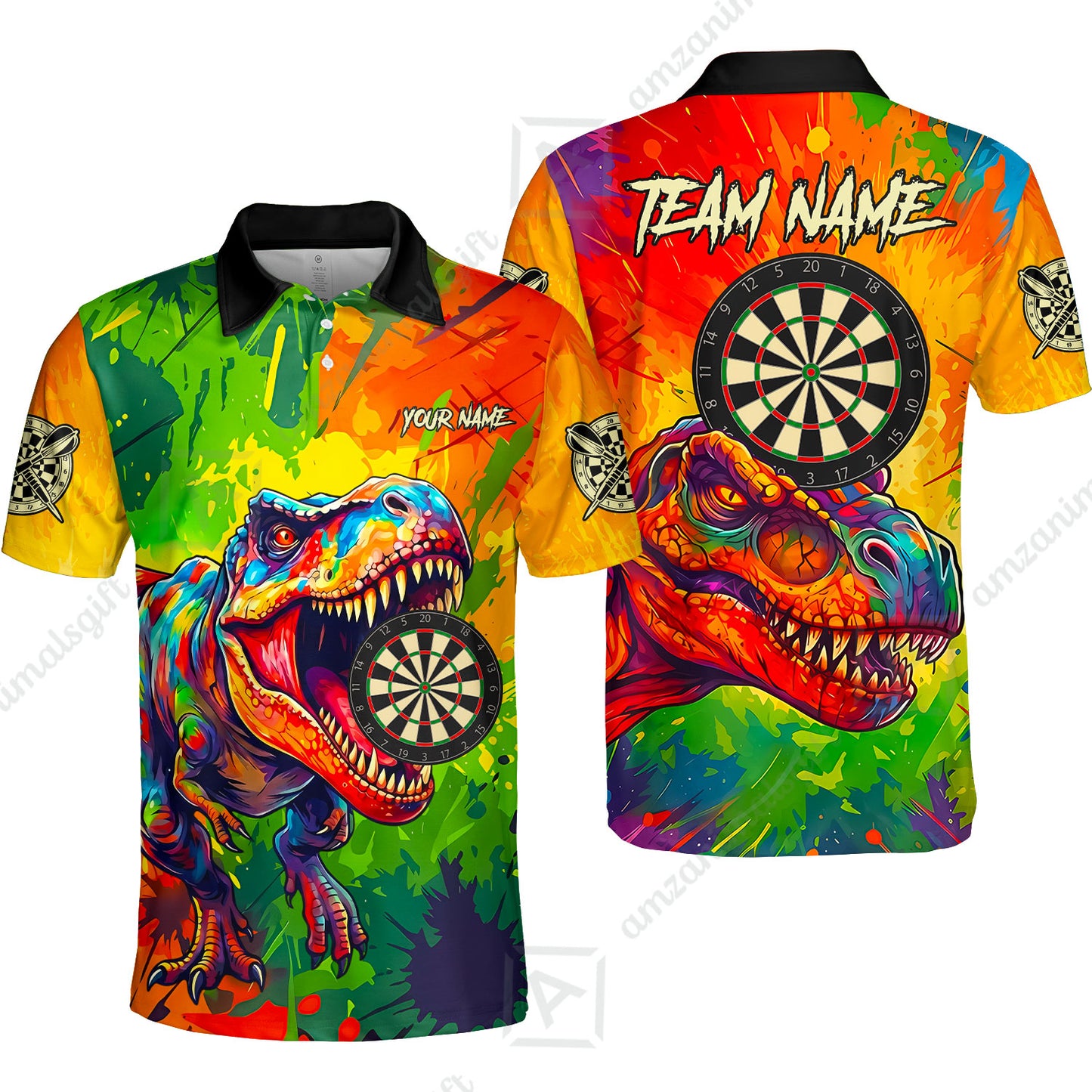Custom Darts Jersey Polo Shirt, Colorful Splatter T-Rex Dino, Custom Dart Jersey Team Shirt For Players With Name & Team Name