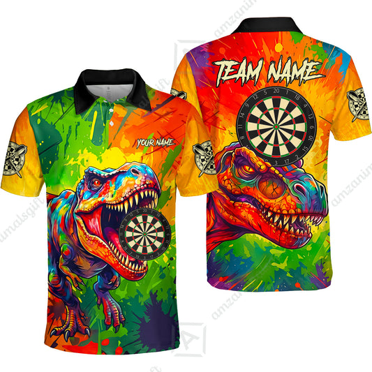 Custom Darts Jersey Polo Shirt, Colorful Splatter T-Rex Dino, Custom Dart Jersey Team Shirt For Players With Name & Team Name