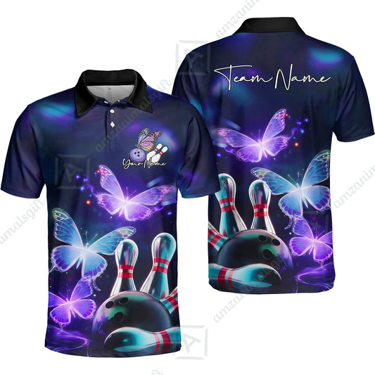 Custom Bowling Jersey Polo Shirt, Neon Butterfly Bowling, Custom Bowling Jersey Team Shirt For Players With Name & Team Name