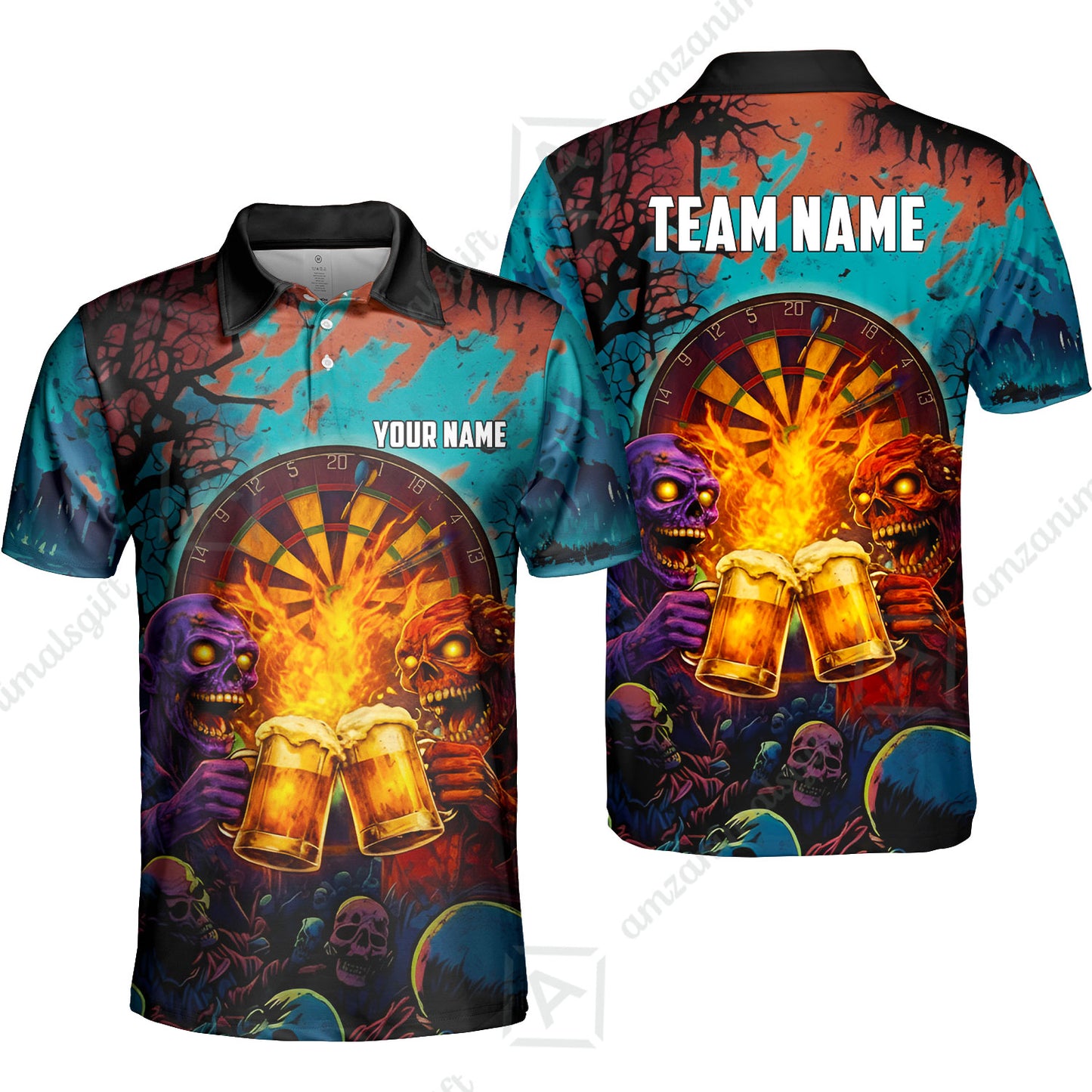 Custom Darts Team Jersey, Personalized Halloween Skull Beer Darts Polo Shirt For Players With Name & Team Name