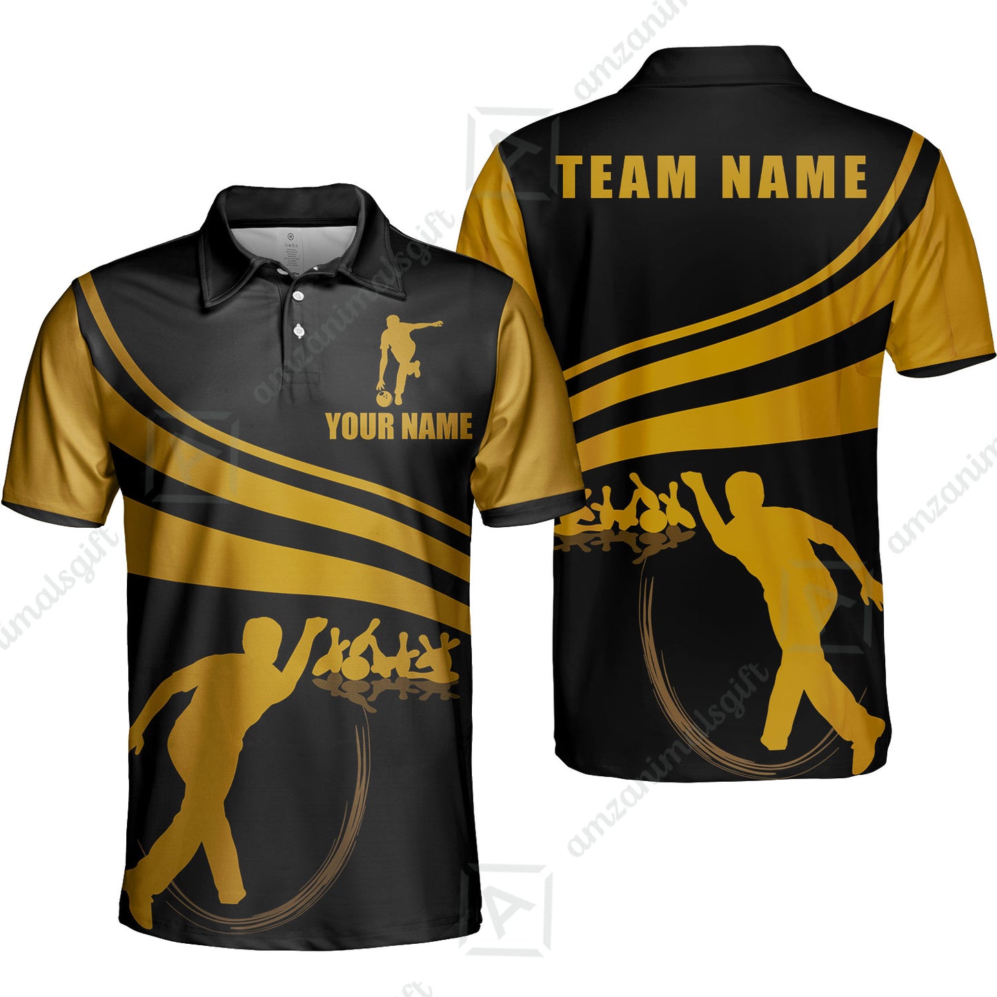 Bowling Custom Men Polo Shirt - Custom Name Black and Gold Men Bowlers Personalized Bowling Polo Shirt