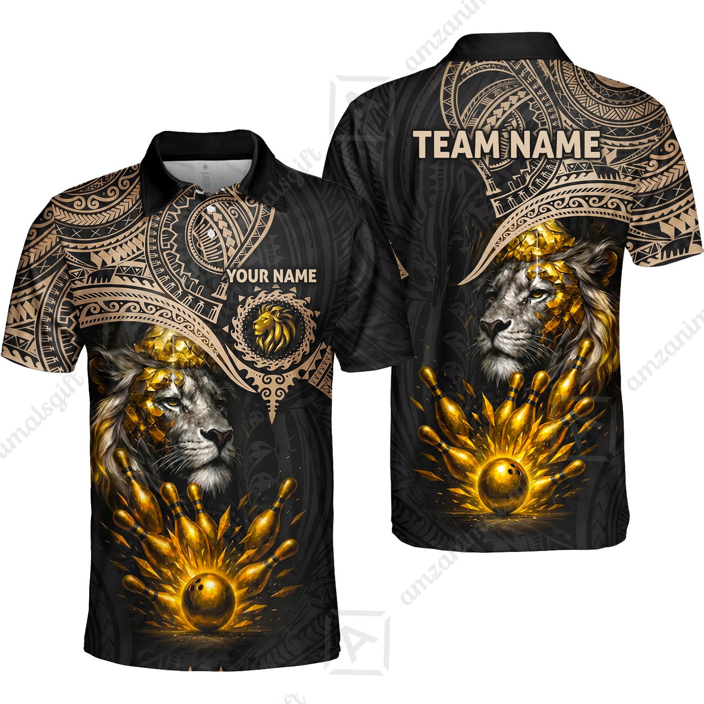 Custom Bowling Jersey Polo Shirt, Regal Golden Tribal Lion, Custom Bowling Jersey Team Shirt For Players With Name and Team Name