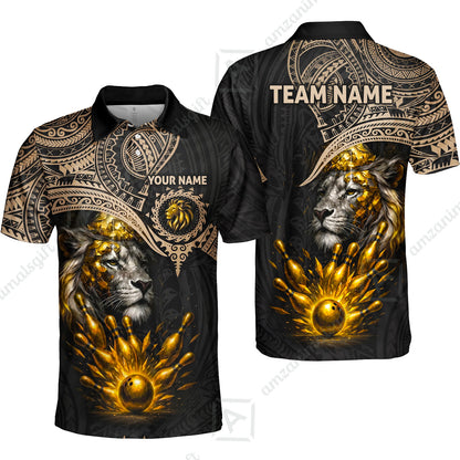 Custom Bowling Jersey Polo Shirt, Regal Golden Tribal Lion, Custom Bowling Jersey Team Shirt For Players With Name and Team Name