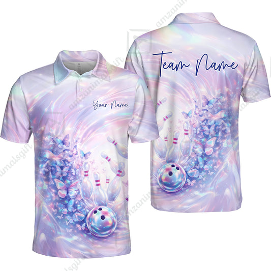 Custom Bowling Jersey Polo Shirt, Butterfly Holographic Bowling, Custom Bowling Jersey Team Shirt For Players With Name and Team Name