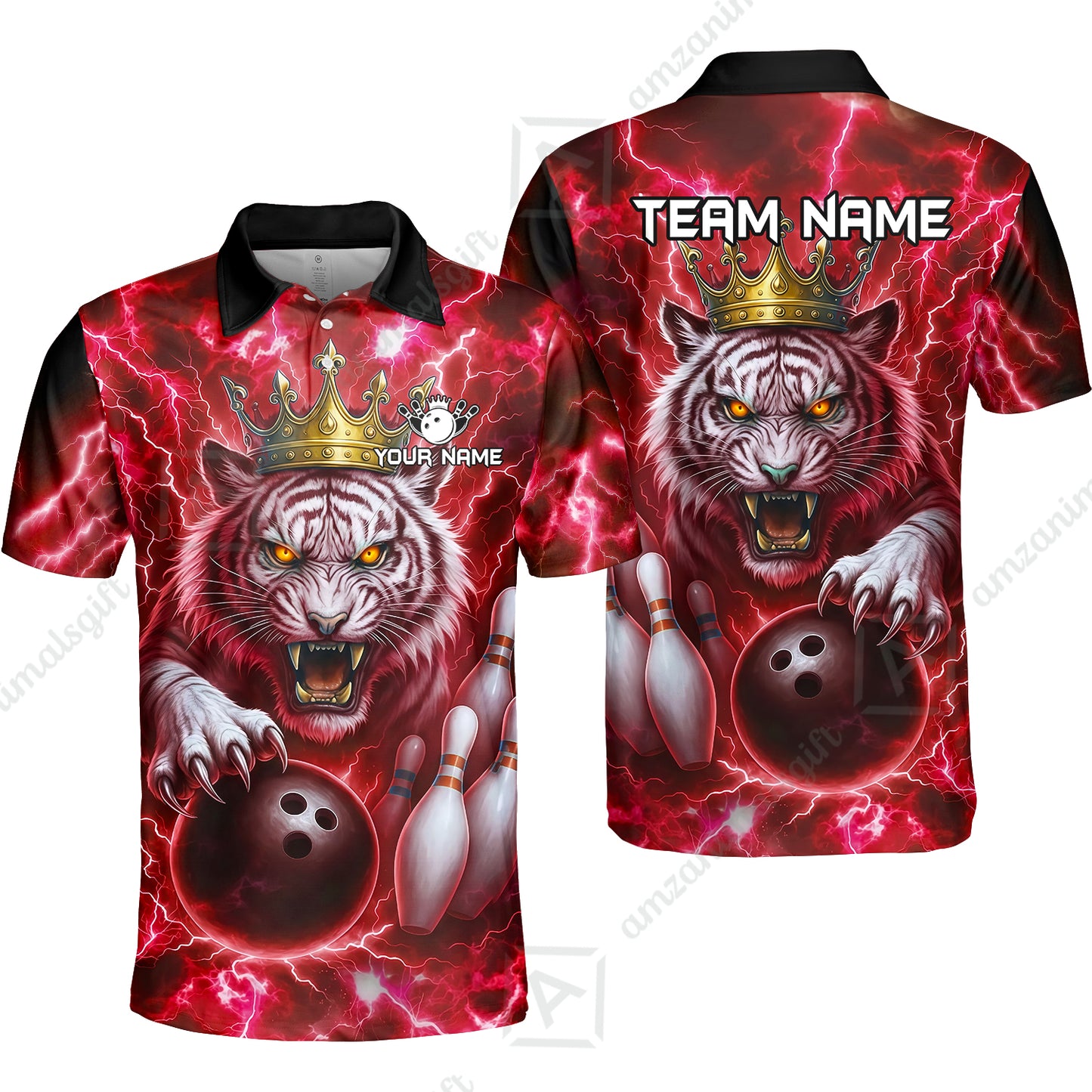 Custom Bowling Team Quarter-Zip Polo Shirt, Bowling White Tiger Lighting Shirt, Personalized Team Shirt with Custom Name
