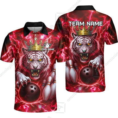 Custom Bowling Team Quarter-Zip Polo Shirt, Bowling White Tiger Lighting Shirt, Personalized Team Shirt with Custom Name