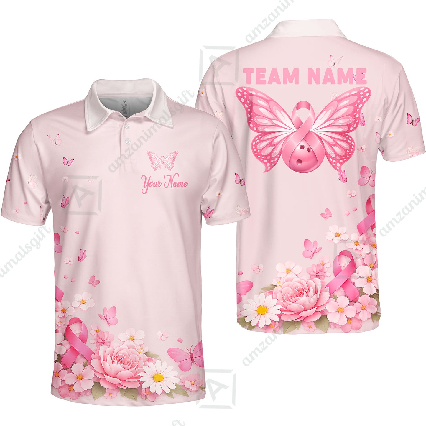 Custom Bowling Jersey Polo Shirt, Pink Butterfly Bowling, Custom Bowling Jersey Team Shirt For Players With Name & Team Name