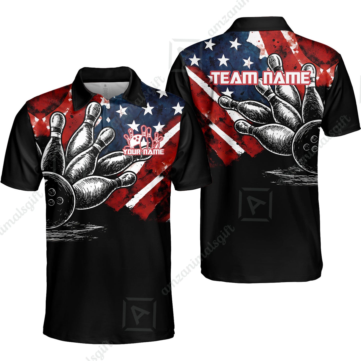 Custom Bowling Jersey Polo Shirt, American Flag and Bowling Pins Sketch, Custom Bowling Jersey Team Shirt For Players With Name and Team Name