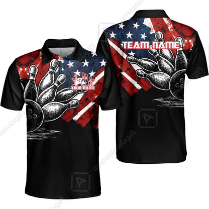 Custom Bowling Jersey Polo Shirt, American Flag and Bowling Pins Sketch, Custom Bowling Jersey Team Shirt For Players With Name and Team Name