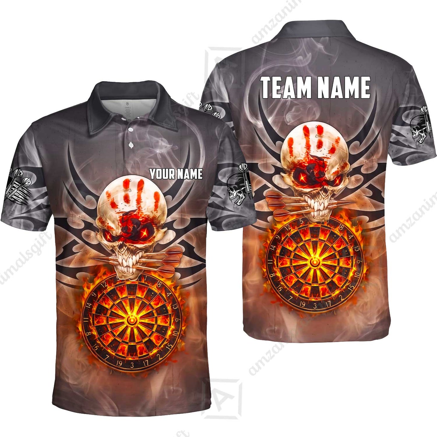 Custom Darts Jersey Polo Shirt, Glowing Fire Skull Tribal, Custom Dart Jersey Team Shirt For Players With Name & Team Name