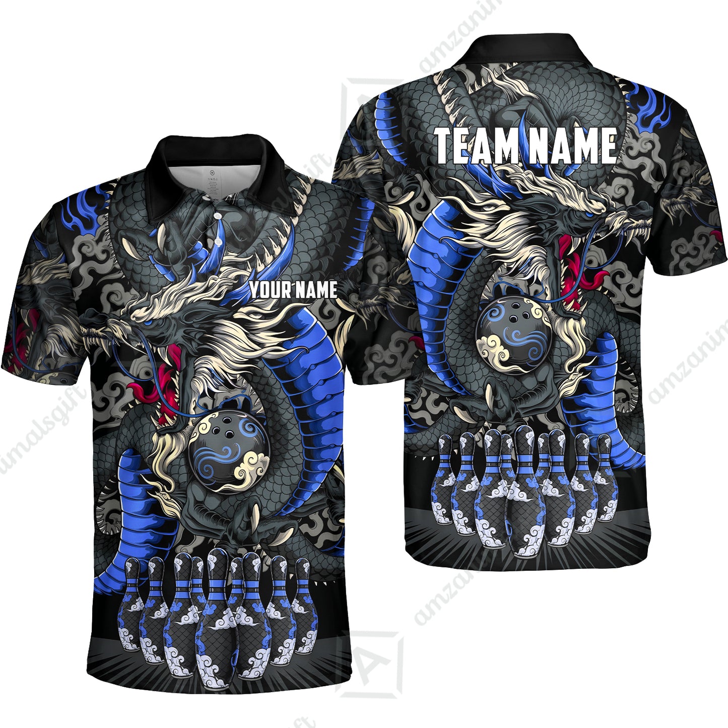 Custom Bowling Jersey Polo Shirt, Oriental Jade Dragon & Classic Clouds, Custom Bowling Jersey Team Shirt For Players With Name & Team Name