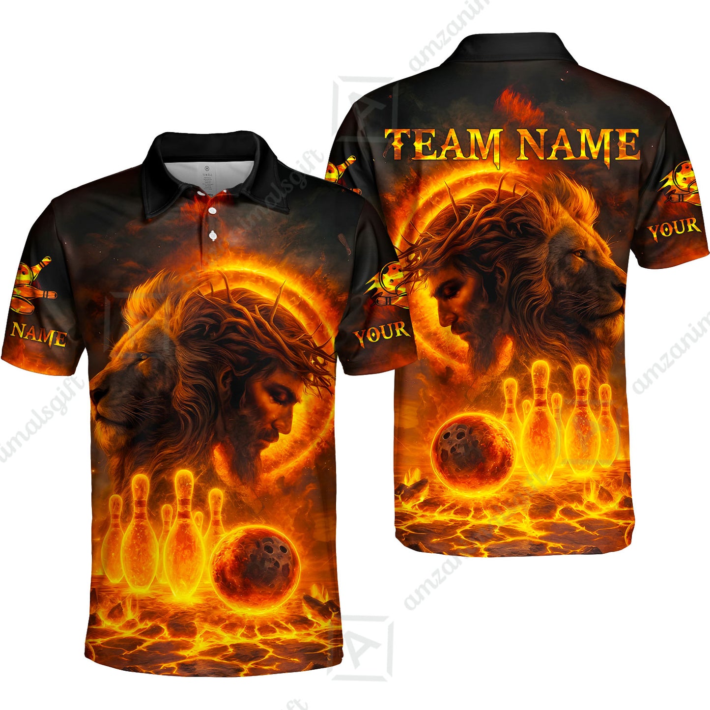 Custom Bowling Team Short Sleeve Men Polo Shirt, Flame The Lion OF Judah With Bowling, Custom Name and Team Name for Bowlers
