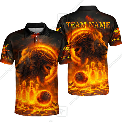 Custom Bowling Team Short Sleeve Men Polo Shirt, Flame The Lion OF Judah With Bowling, Custom Name and Team Name for Bowlers