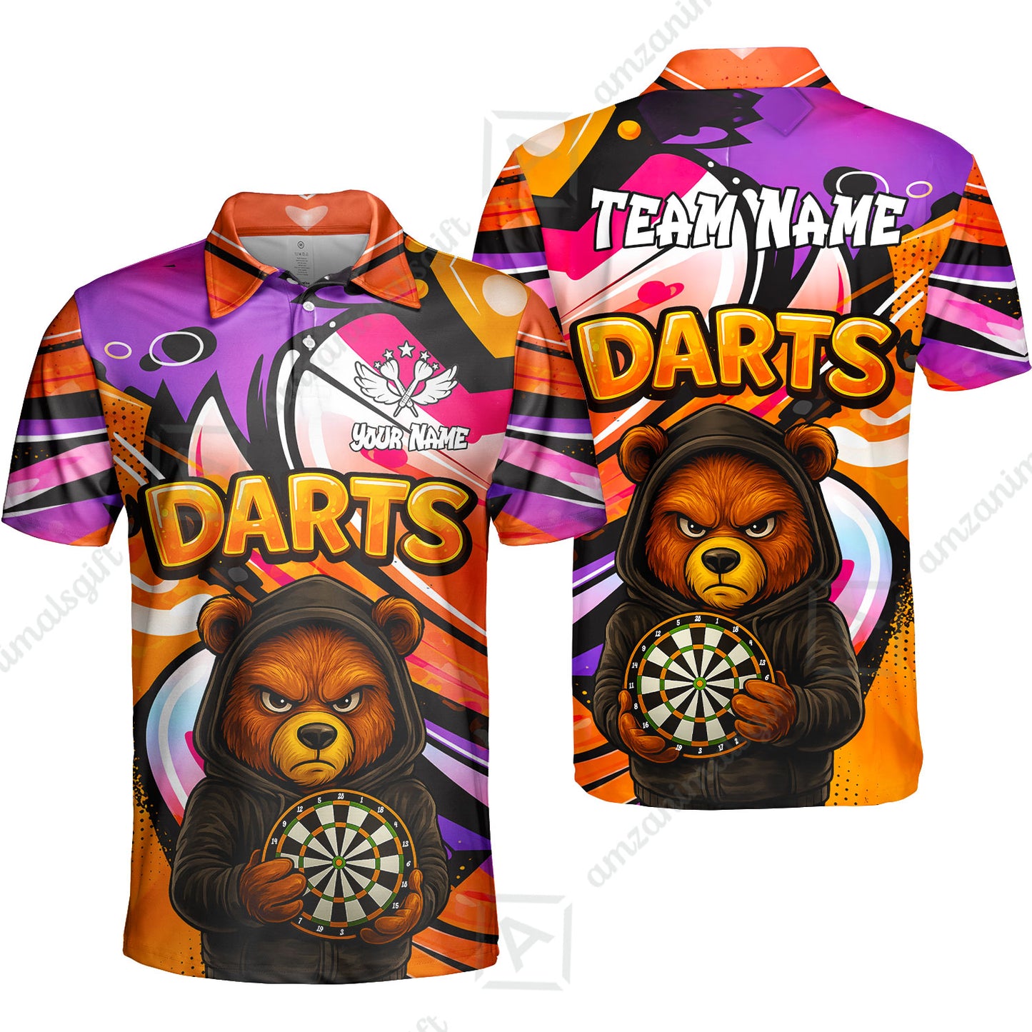 Customized Darts Team Uniform Shirt, Custom Darts Team Collar Quarter-Zip, Personalized Bear Darts Shirt with Name & Team Name