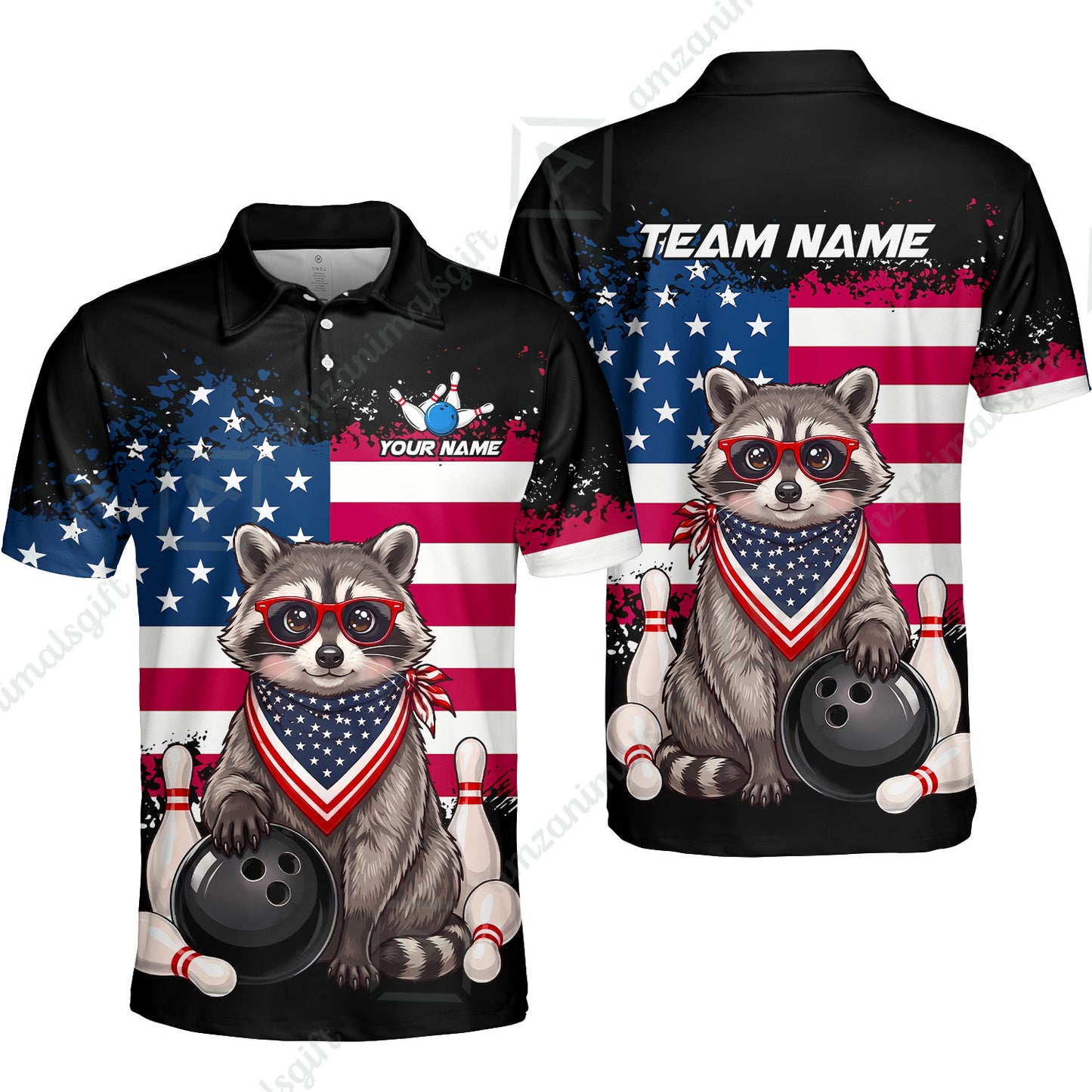 Custom Bowling Jersey Polo Shirt, Animal With Glasses And Bandana America Flag, Personalize Name & Team Name
