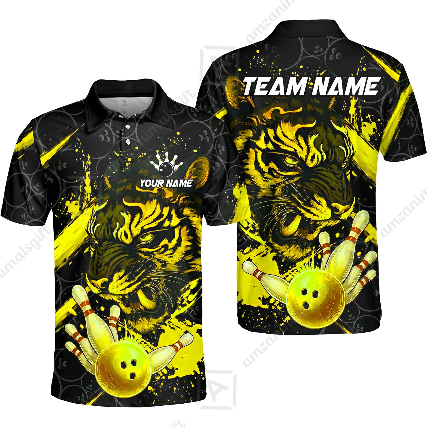 Customized Bowling Unisex Polo Shirt, Tiger Ball Striking Pins, Bowling Uniforms, Personalized Name And Team Name