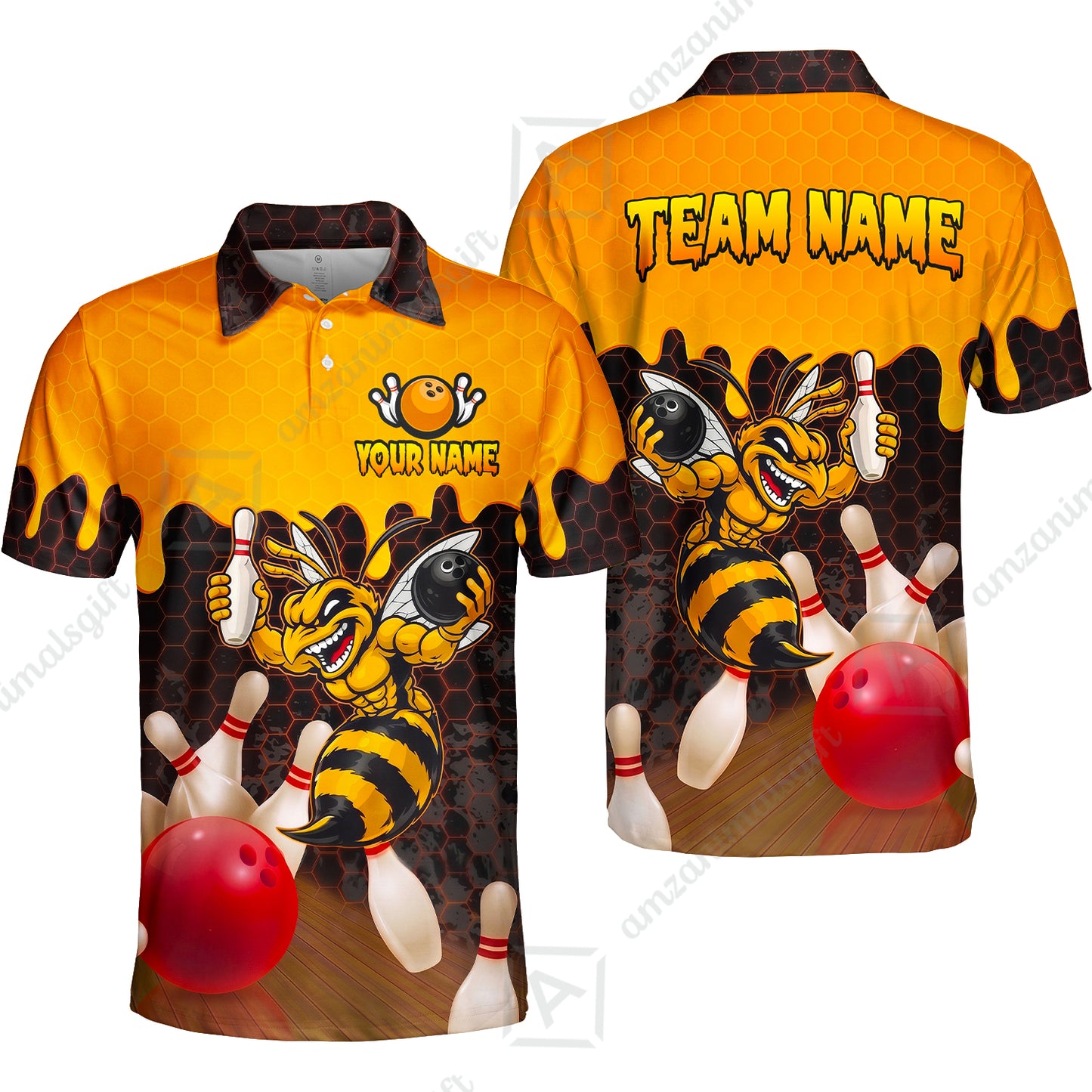 Custom Bowling Jersey Polo Shirt, Aggressive Hornet Honeycomb Drip, Custom Bowling Jersey Team Shirt For Players With Name and Team Name