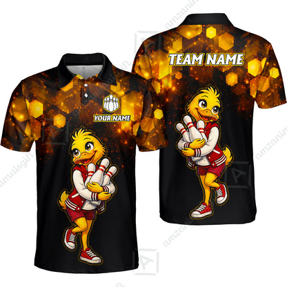 Custom Bowling Jersey Polo Shirt, Golden Glow Varsity Duckling Mascot, Custom Bowling Jersey Team Shirt For Players With Name and Team Name