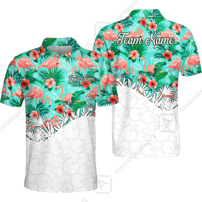 Custom Bowling Jersey Polo Shirt, Tropical Pink Flamingo Hawaiian, Custom Bowling Jersey Team Shirt For Players With Name & Team Name