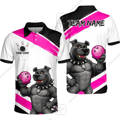 Custom Bowling Jersey Polo Shirt, Pitbull Hold Bowling Ball, Custom Bowling Jersey Team Shirt For Players With Name & Team Name
