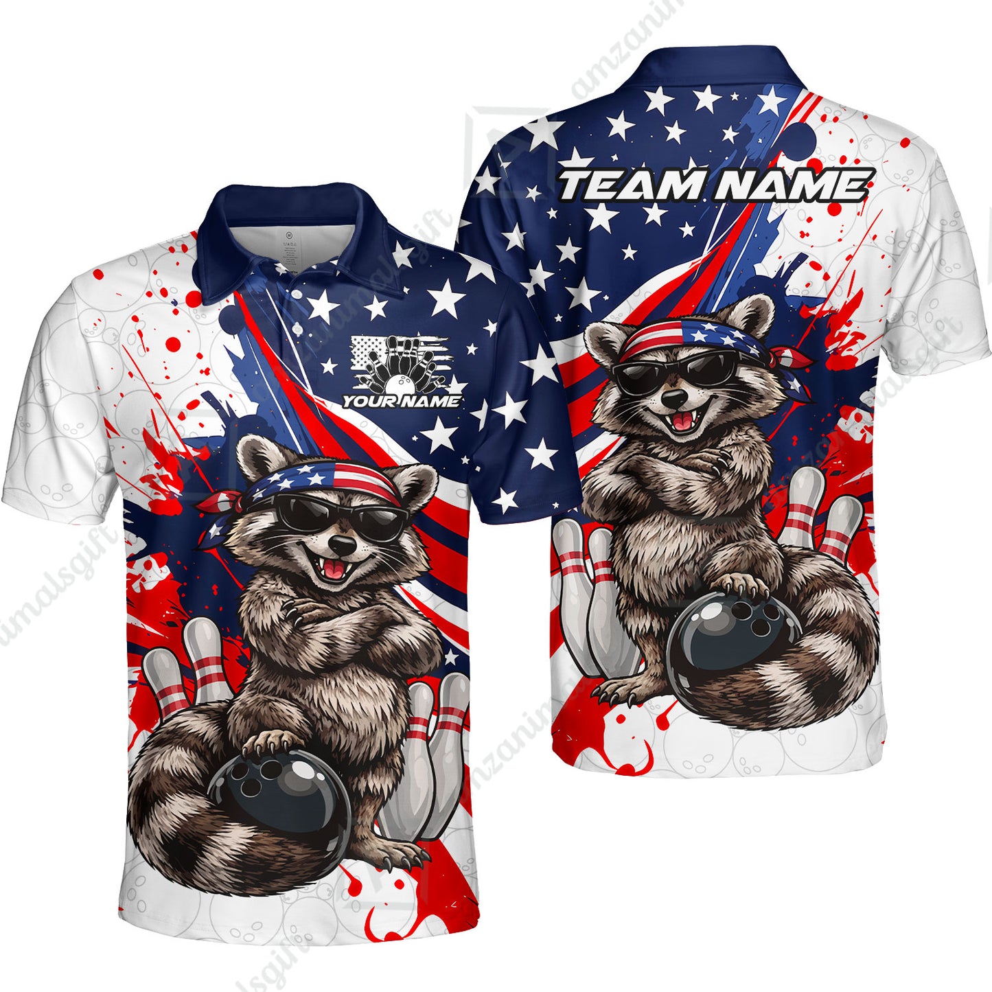 Custom Bowling Jersey Polo Shirt, Patriotic Cool Raccoon Mascot, Custom Bowling Jersey Team Shirt For Players With Name and Team Name