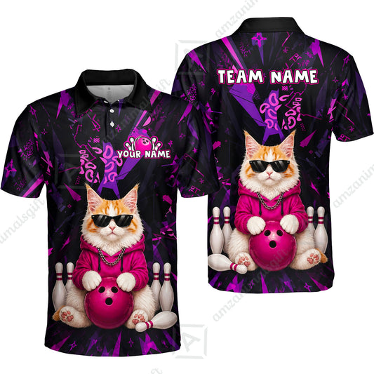 Custom Bowling Jersey Polo Shirt, Neon Hip Cat, Custom Bowling Jersey Team Shirt For Players With Name and Team Name