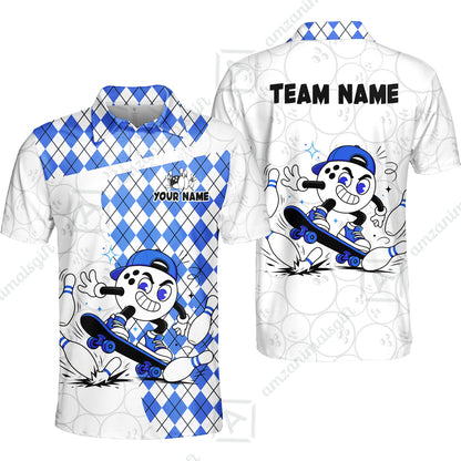 Custom Bowling Jersey Polo Shirt, Skateboarder Bowling Ball Mascot, Custom Bowling Jersey Team Shirt For Players With Name and Team Name
