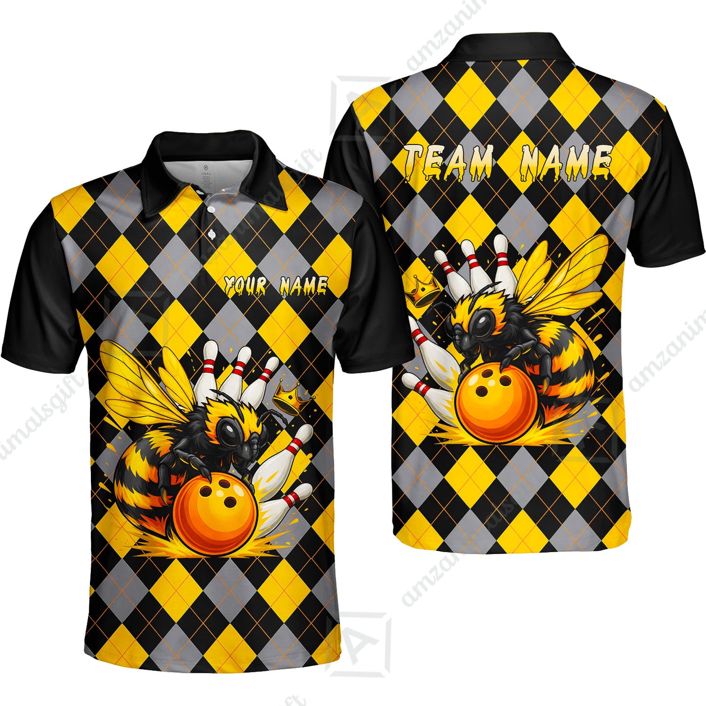 Custom Bowling Jersey Polo Shirt, Argyle Bee Mascot, Custom Bowling Jersey Team Shirt For Players With Name and Team Name