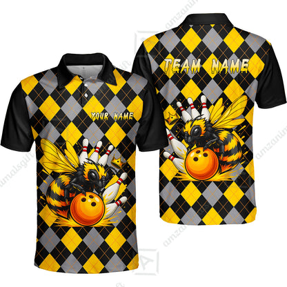 Custom Bowling Jersey Polo Shirt, Argyle Bee Mascot, Custom Bowling Jersey Team Shirt For Players With Name and Team Name