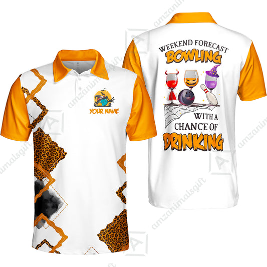 Custom Bowling Jersey Polo Shirt, Weekend Forecast Bowling With A Chance Of Drinking, Personalize Name and Team Name