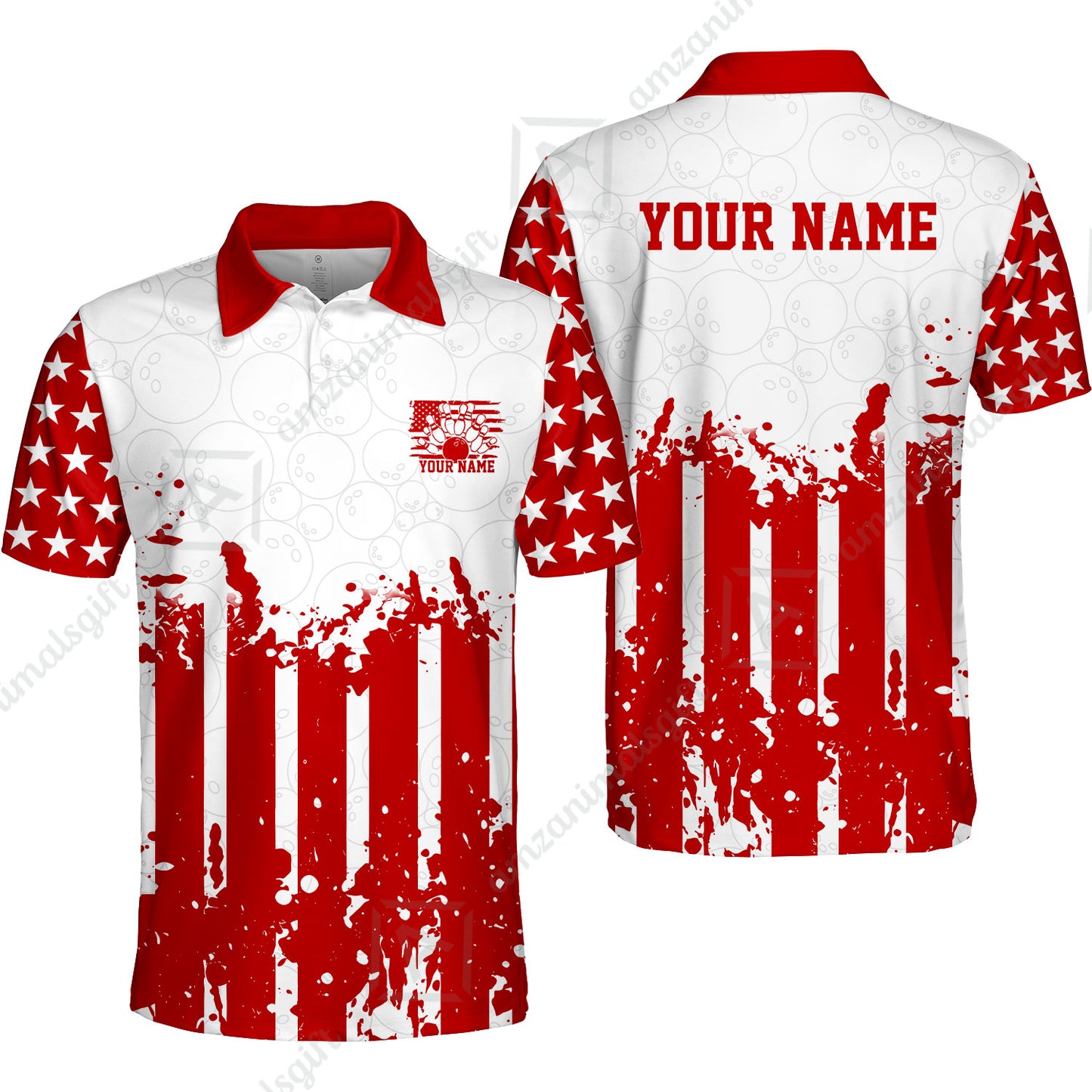 Custom Bowling Jersey Polo Shirt, Distressed Stars and Stripes Grunge, Custom Bowling Jersey Team Shirt For Players With Name and Team Name